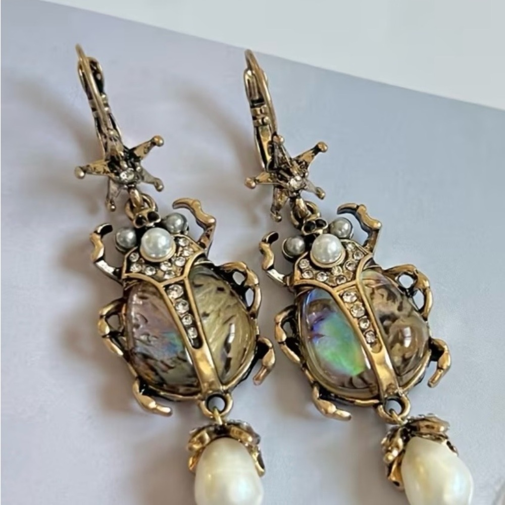 Elegant Gold and Silver Scarab Earrings with Pearls